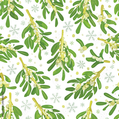 Seamless pattern of green mistletoe branches with white berries and snowflakes christmas