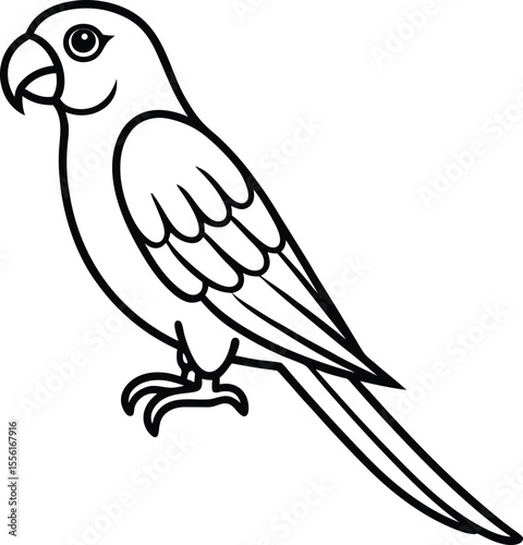 Clean Vector Outline of Tropical Parrot Sitting on Branch