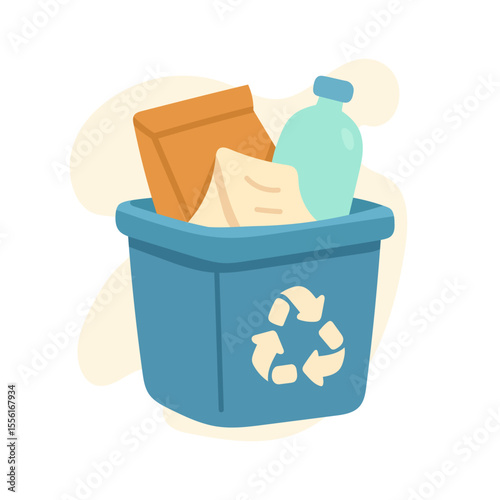 A blue recycling bin is filled with trash. The recycling bin contains paper, a bottle, and cardboard.