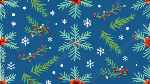 Blue background with scattered green pine branches red berries and white snowflakes