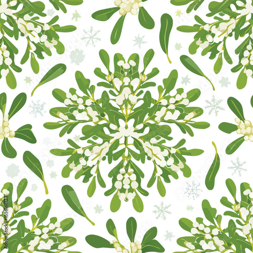 Seamless pattern of green mistletoe branches with white berries and snowflakes christmas 1