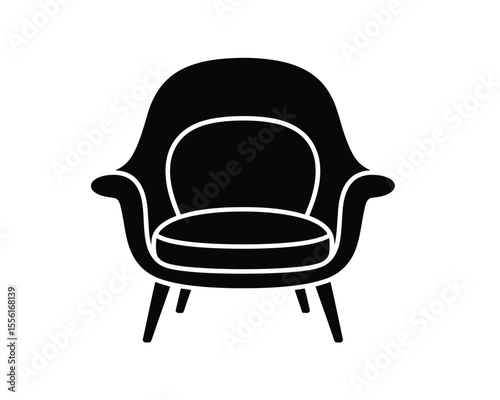 A minimalist black silhouette illustration of a mid-century modern armchair on a white background