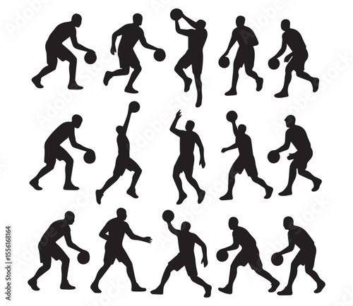 Basketball Player Silhouettes in Action. Set of 15 Unique Vector Poses.