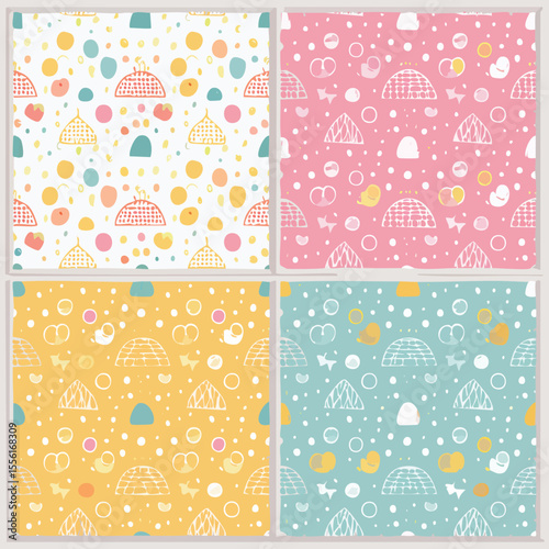 Four seamless patterns with igloos and dots in pastel colors snow winter