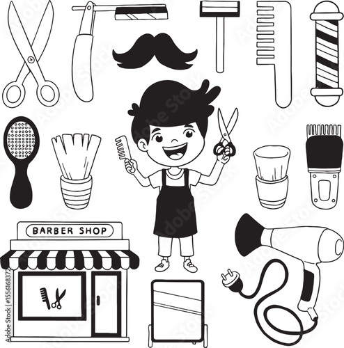 Black and white illustration set for a barber shop or hair salon. It features a cheerful male barber character, a barber shop facade, and various tools of the trade such as scissors, razors, combs.