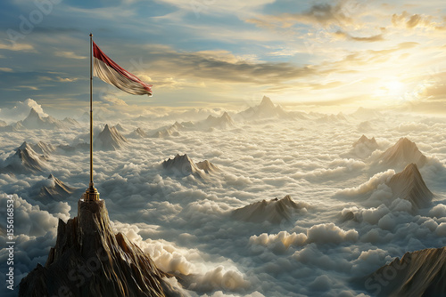 Indonesian flag on top of mountain, sea of clouds