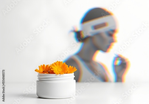 Container of bright yellow flowers in focus with a blurred woman in background  