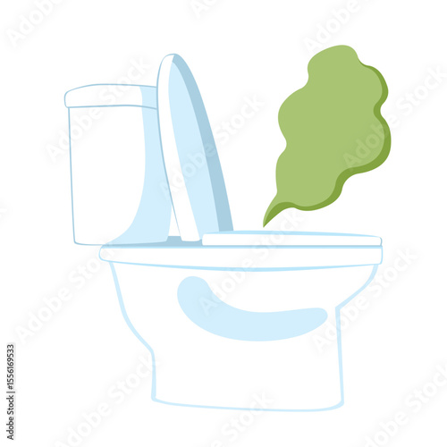 Vector illustration cartoon showing a toilet bowl emitting green smell cloud representing foul odor or lack of cleanliness