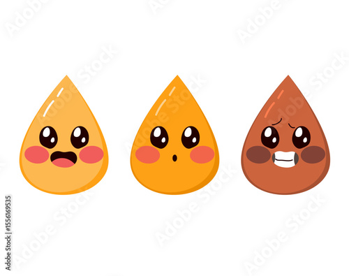 Vector illustration cartoon of various pee-drop mascots in different colors indicating levels of hydration. Humorous medical awareness design