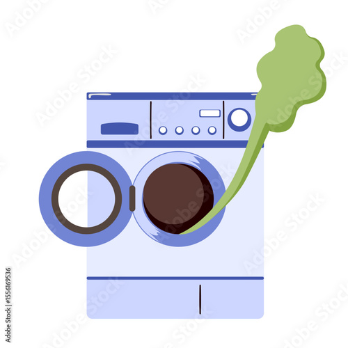 Vector illustration cartoon of a washing machine with open door emitting green odor cloud, symbolizing dirty laundry