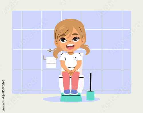 Vector illustration cartoon of a baby girl sitting on a toilet with a box elevating her legs, depicting developmental milestone in domestic life