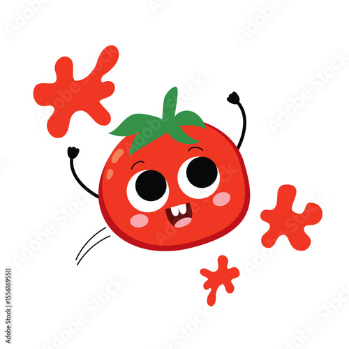 Vector illustration cartoon of a playful tomato character flying through air with tomato splatters, celebrating Valencia’s Tomatina holiday festival