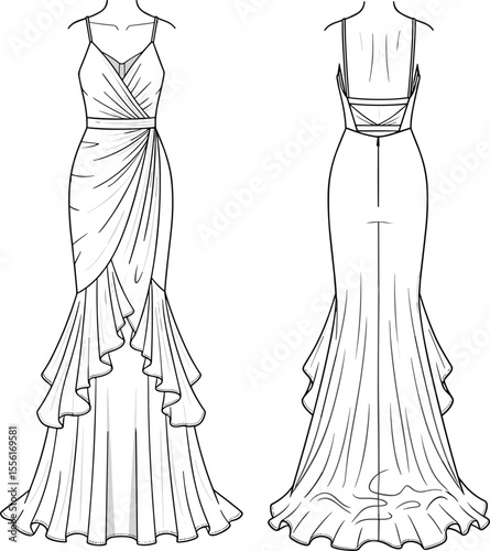 Elegant ruffle mermaid gown fashion sketch with draped front, spaghetti straps, technical flat drawing, back view, vector illustration