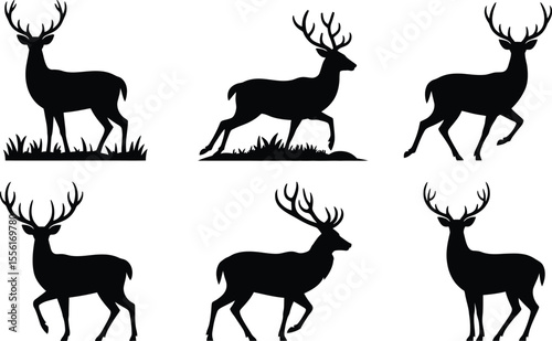 Collection of black deer silhouettes standing and walking on white background