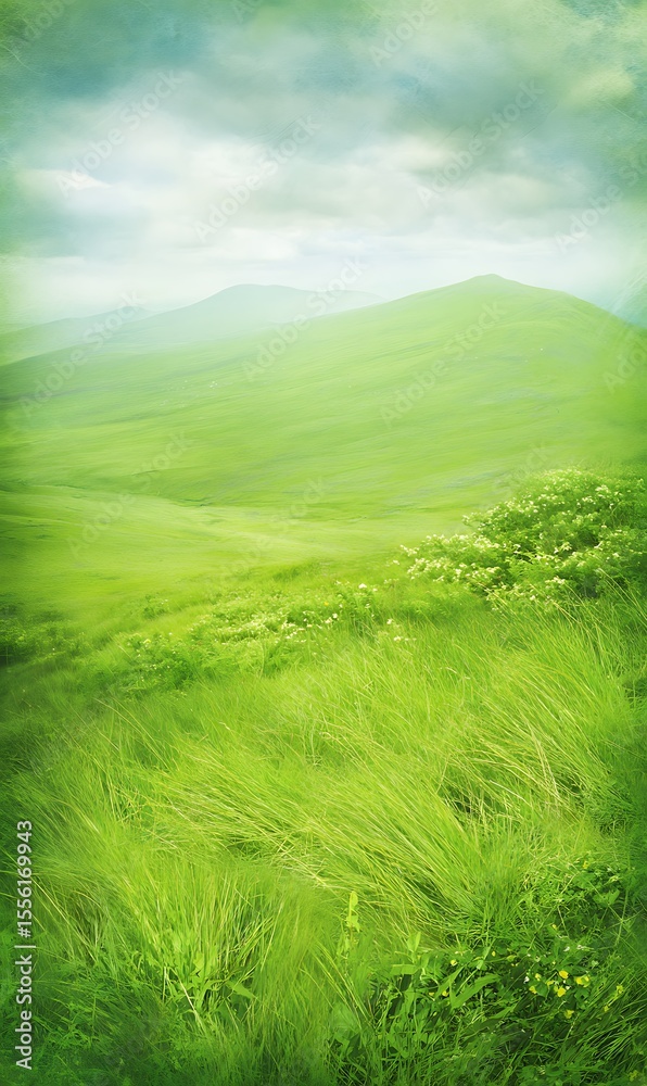 Fototapeta premium Rolling green hills beneath soft skies