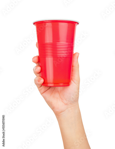 Hand hold red paper cup isolated on white background, clipping path.