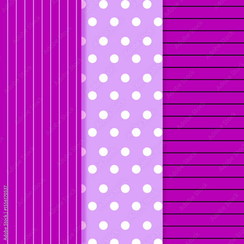 4 seamless patterns: cream-yellow diag stripes, yellow-white grid, purple vert stripes, purple-white polka dots. Vector, textile, background, decorative.