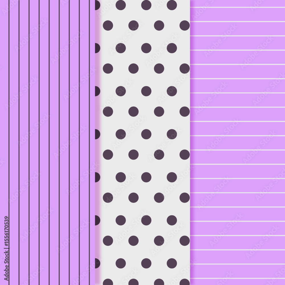 4 seamless patterns: cream-yellow diag stripes, yellow-white grid, purple vert stripes, purple-white polka dots. Vector, textile, background, decorative.
