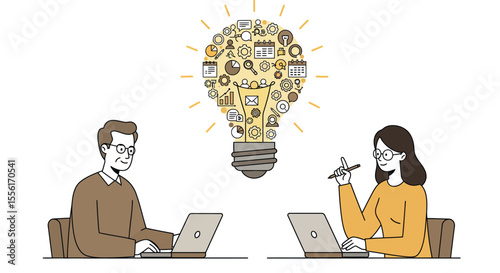 Collaborative innovation vector illustration: business teamwork concept in modern flat style for design use