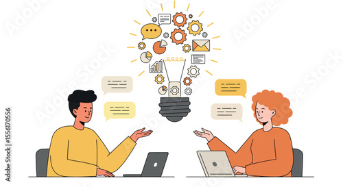 Collaborative brainstorming session in modern workspace vector illustration for business poster, flat style