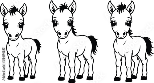 Adorable pony cartoon black and white illustrations for childrens book or coloring page