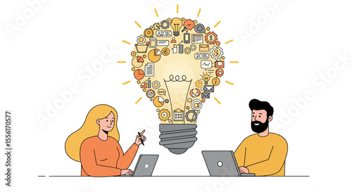 Innovation and collaboration vector illustration: creative teamwork concept for design, print, and poster in flat style