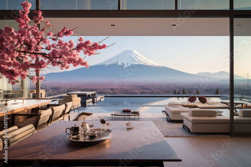 Modern house with view of Mt. Fuji and cherry tree with pink leaves