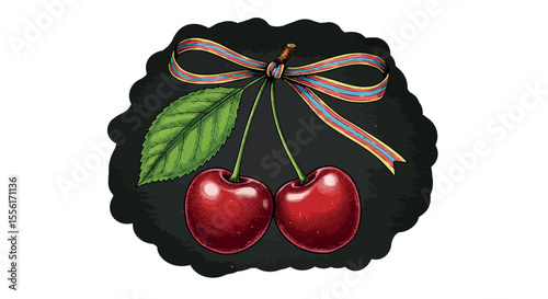 Realistic cherry vector illustration with ribbon bow and leaf for summer fruit design