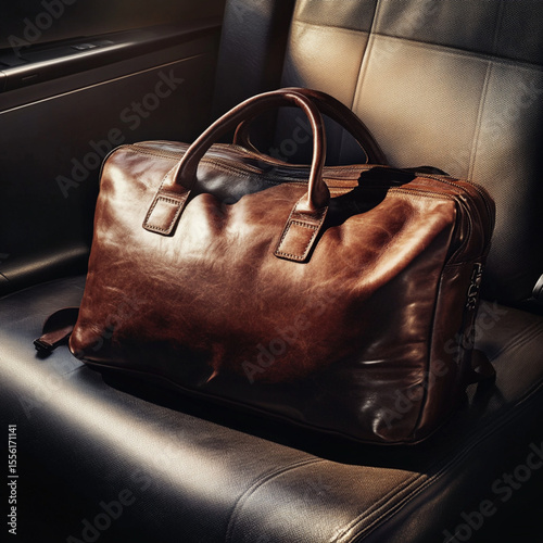 brown leather carry-on bag is lying on the clean and modern seat of business class airplane, dark light, soft light 