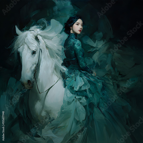 Graceful woman in elegant teal gown rides majestic white horse, surrounded by swirling dark green and blue brushstrokes, evoking mysterious and enchanting atmosphere