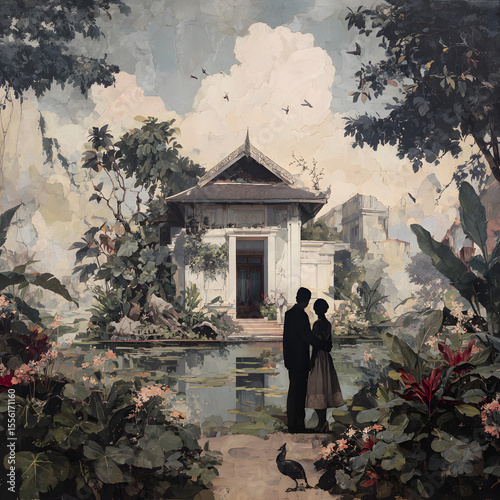 Romantic couple silhouette traditional house tropical garden pond lush foliage cloudy sky peaceful atmosphere birds flying vintage style