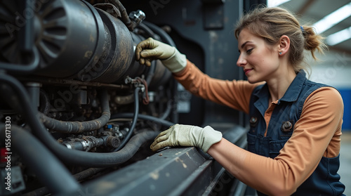 female mechanic or truck driver inspecting a semi truck engine, hands-on, grease on gloves, hard work concept, natural expression