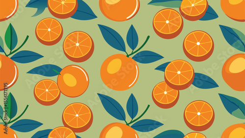 Seamless pattern of whole and sliced oranges with blue leaves on a light green background