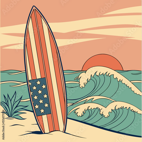 surf board on the beach with American flag 