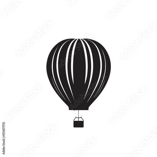 A simple black silhouette of a hot air balloon with a basket suspended below against a clean white background
