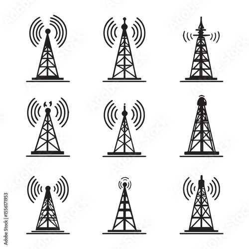 Collection of nine black and white icons depicting various communication towers transmitting signals against a white background