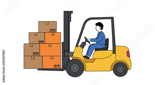 Warehouse logistics vector illustration: forklift operator moving boxes in flat style for design and print