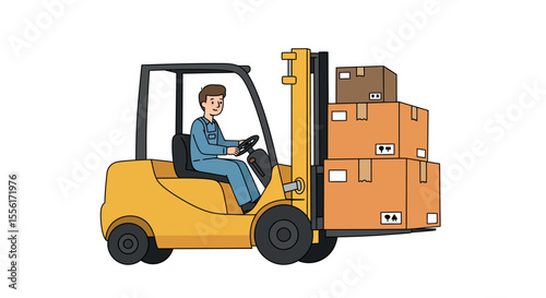 Warehouse logistics vector illustration: forklift operator and box loading design for print poster in flat style