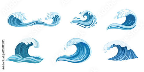 Ocean Wave Collection: A set of diverse ocean wave illustrations, showcasing various wave forms and styles, perfect for design projects needing a nautical or watery theme.