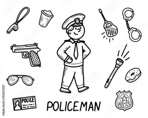 Policeman set. Hand drawn doodle vector. Cartoon officer. Equipment: handcuffs, radio, flashlight, whistle, gun, badge. Cute character. Illustration line art elements.