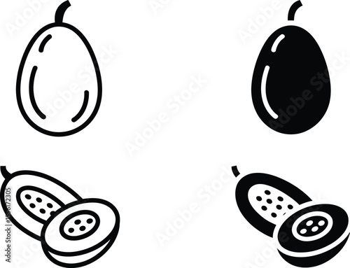 Cartoon papaya fruit line and solid icon set on white background