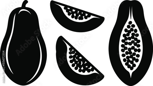 Black and white papaya illustration whole half and slice pieces graphic