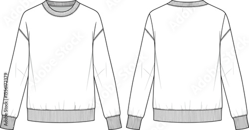 Basic unisex sweatshirt flat sketch front and back view, ribbed cuff and hem CAD fashion design vector apparel template