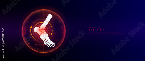 Red rotating arrow around ankle joint cartilage inflammation in dome on blue background. Arthritis and osteoarthritis. Human foot skeleton anatomy. Medical science concept. Vector EPS10.