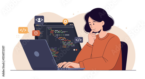 Woman coder at work: flat style vector illustration for tech design projects