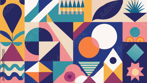 Abstract geometric shapes in warm and cool colors with organic elements pattern background