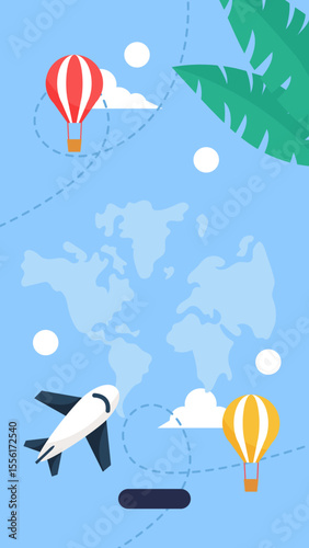 Worldwide Travel Adventures Airplane, Hot Air Balloons, and Tropical Leaves