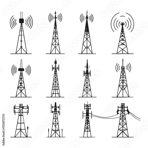 Collection of twelve diverse black and white silhouette icons representing various types of communication towers and antennas transmitting signals