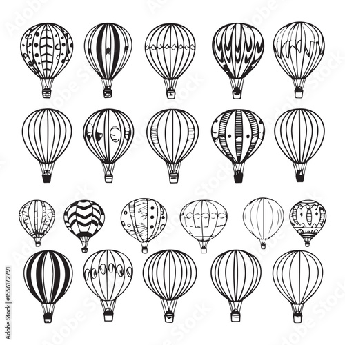 Collection of hand drawn black and white hot air balloons with various unique decorative patterns and designs