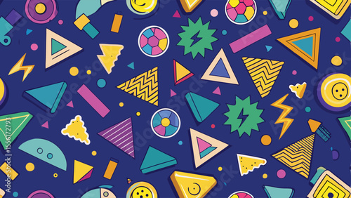Retro 80s Memphis style geometric shapes pattern on dark blue background 1980s abstract